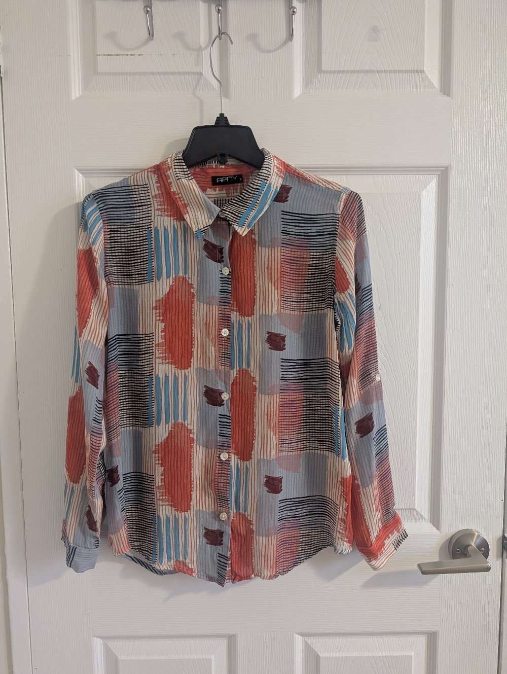 APNY Cupro Viscose Abstract Print Button Down Shirt Boho Artsy Blouse S